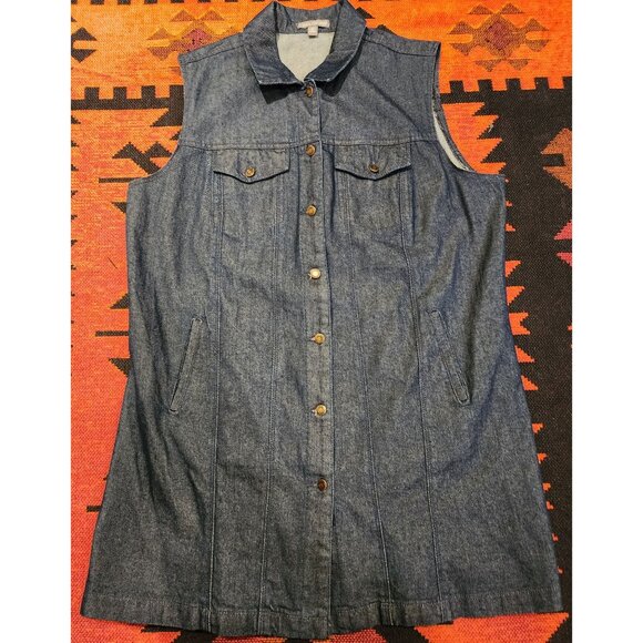 Jessica London Women's Sleeveless Denim Long Vest 18W  Button Front 100% Cotton - Picture 1 of 13